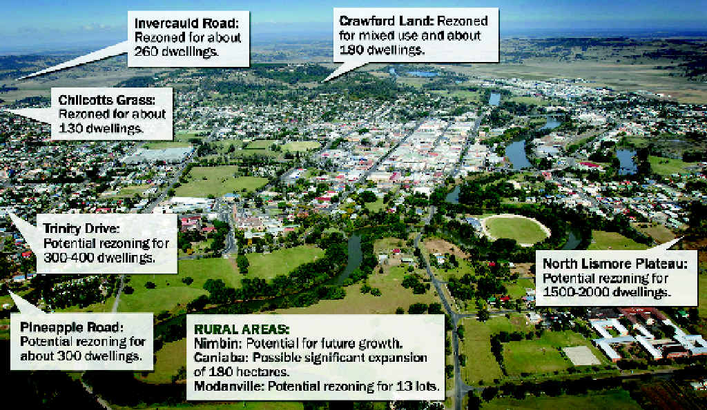 Map showing the expansion areas for Lismore LGA. Please note the arrows give general direction only. Map showing the expansion areas for Lismore LGA. Please note the arrows give general direction only.